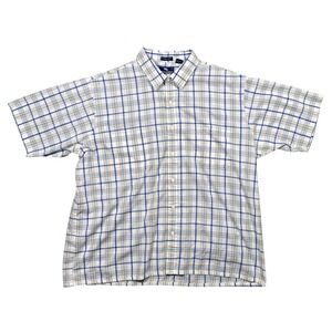 Steeplechase Button Down Shirt Mens 2XL White Blue Plaid Excellent Short Sleeve